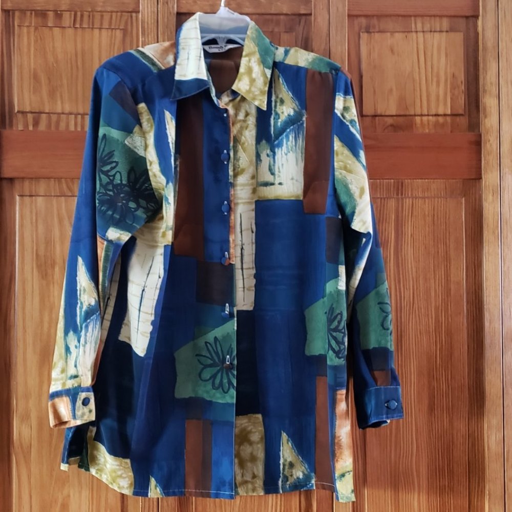 BEVERLY ROSE multi color button front L/S blouse sz L woman's